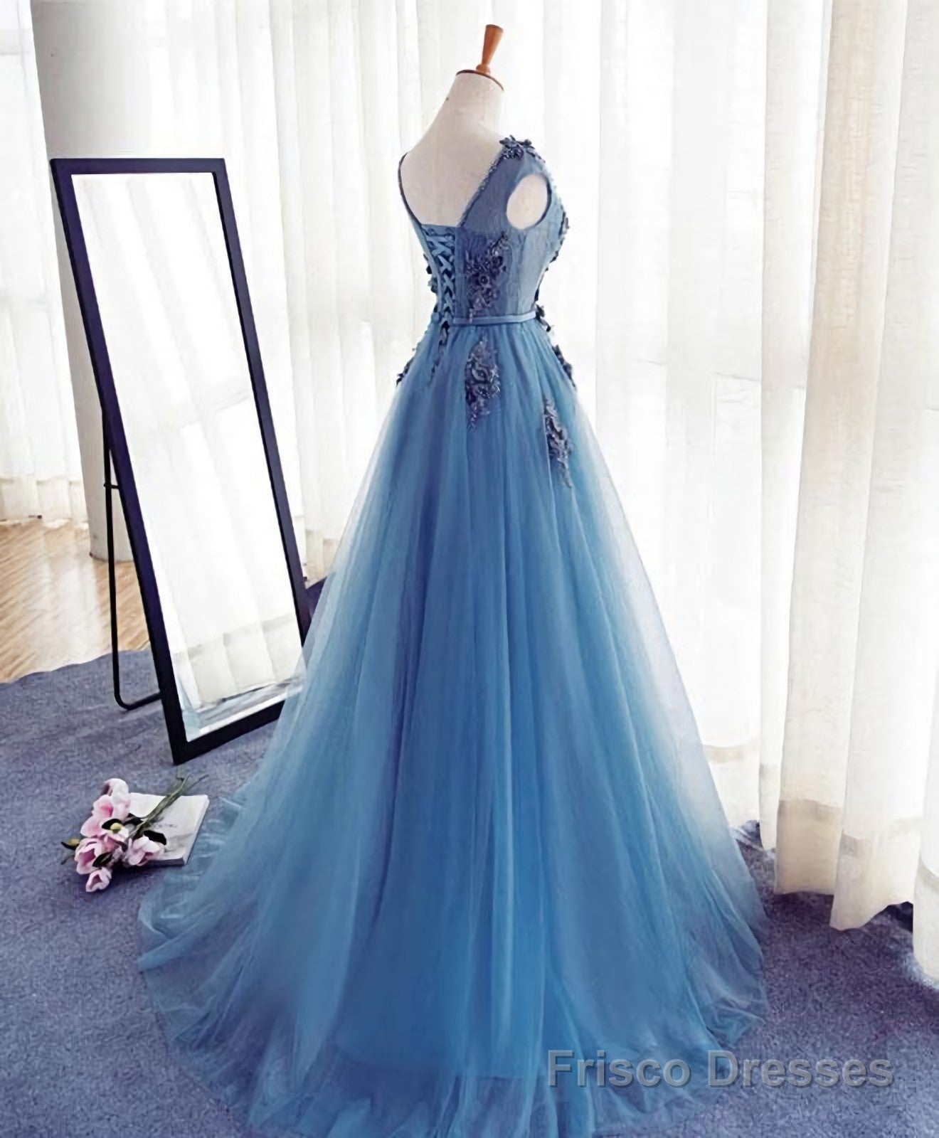 Blue A Line Tulle Lace Long Prom Dress, Evening Dress – Frisco Dresses