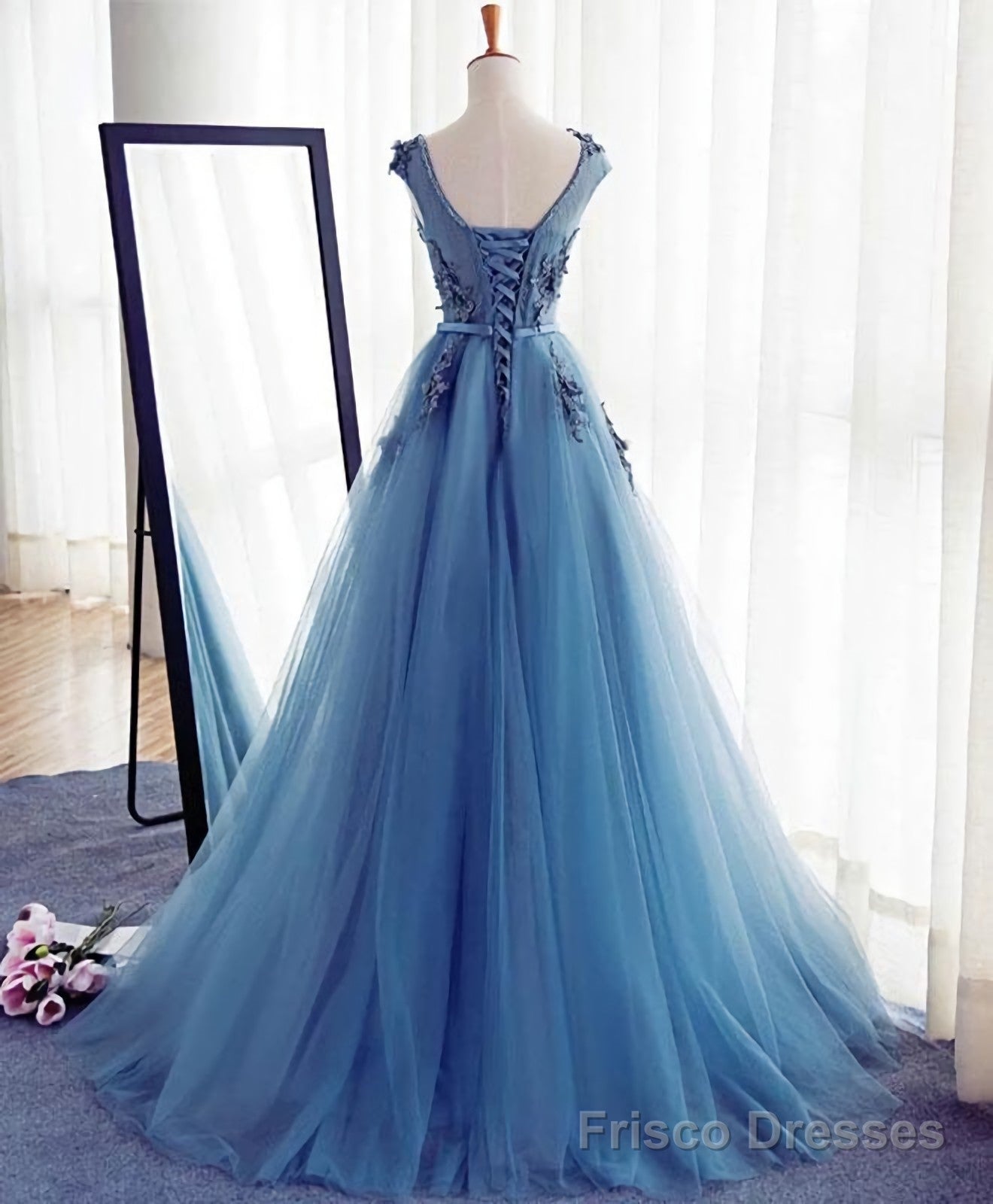 Blue A Line Tulle Lace Long Prom Dress, Evening Dress  Frisco Dresses