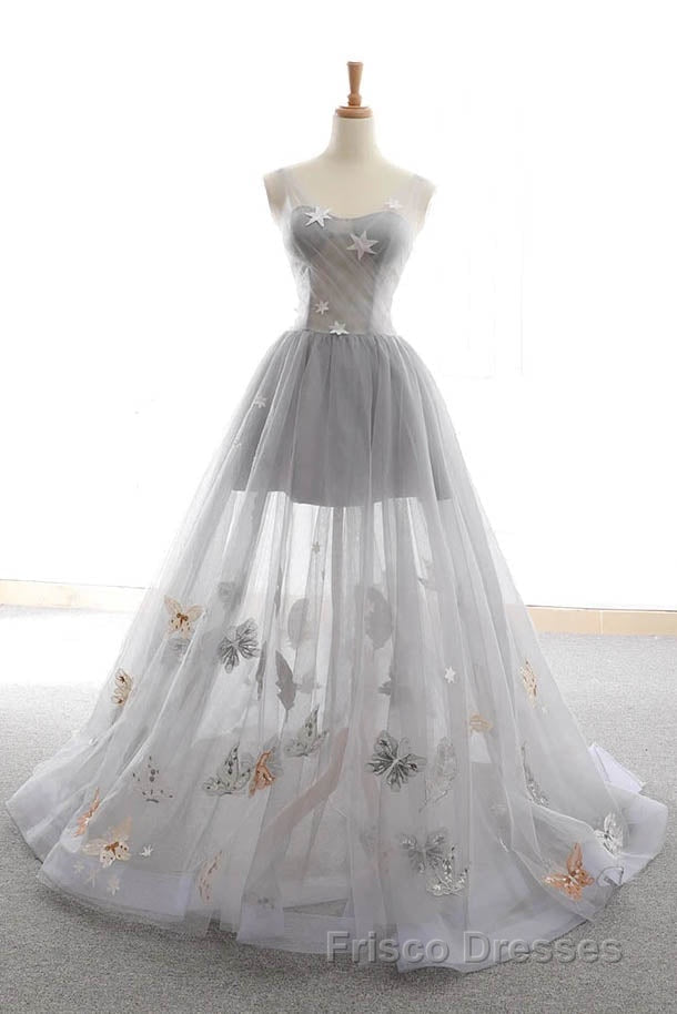 Gray Long Formal Prom Dress with Butterfly, New Arrival Unique Evening Dress