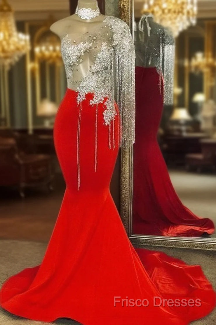 Tassel Formal Prom Dress, One Shoulder Formal Prom Dress, Mermaid Formal Prom Dress, Red Formal Prom Dress