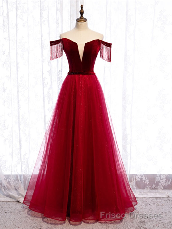 Tassel Sleeves Off The Shoulder Tulle Burgundy Floor Length Lace Up Prom Dress