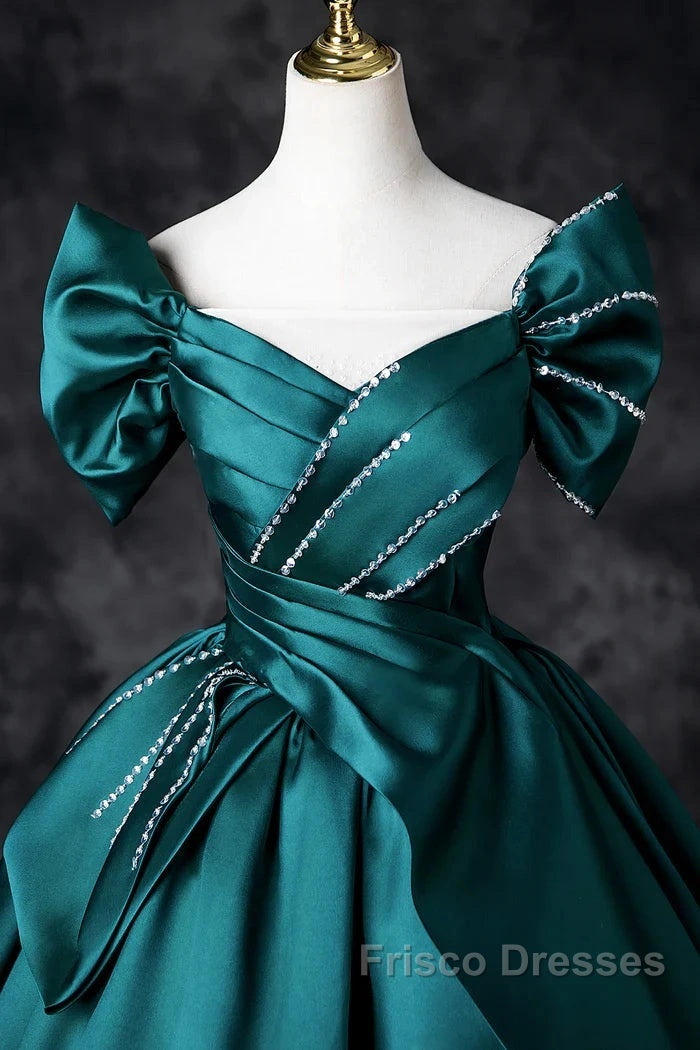 Teal A-Line Off The Shoulder Satin Long Formal Prom Dress, Elegant Evening Dress