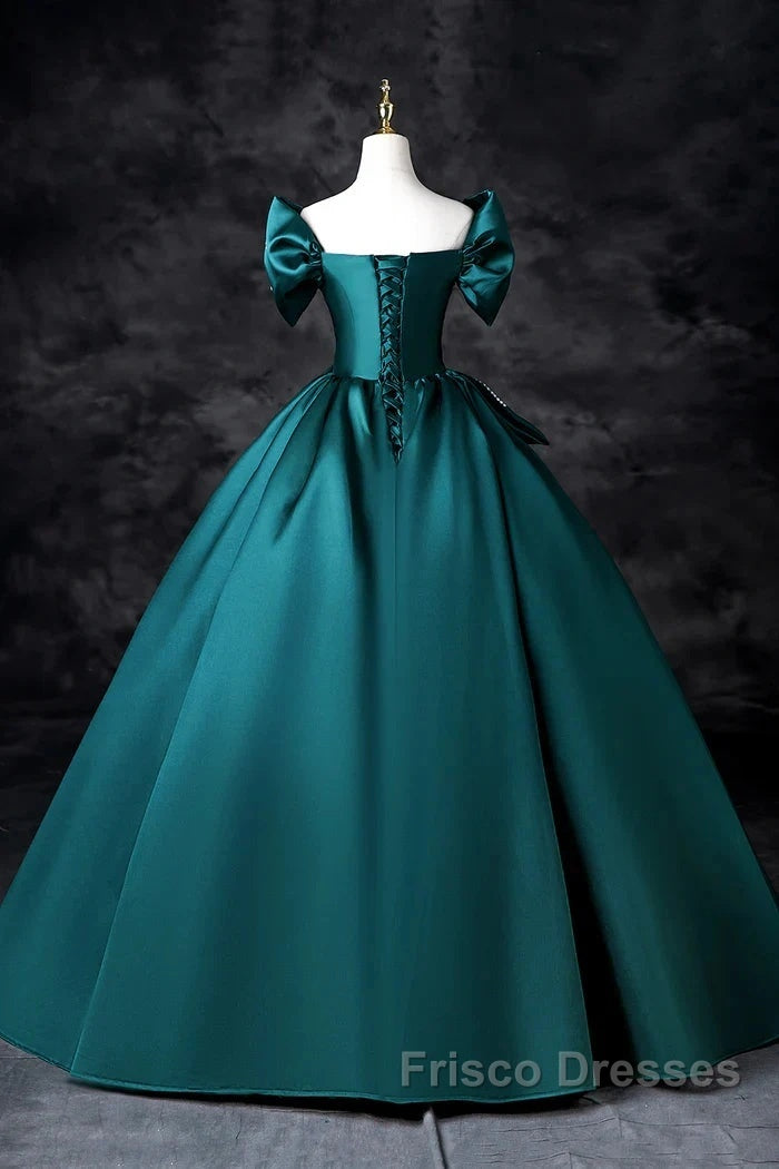 Teal A-Line Off The Shoulder Satin Long Formal Prom Dress, Elegant Evening Dress