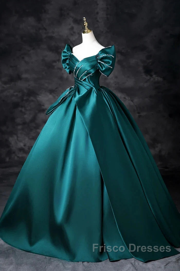 Teal A-Line Off The Shoulder Satin Long Formal Prom Dress, Elegant Evening Dress