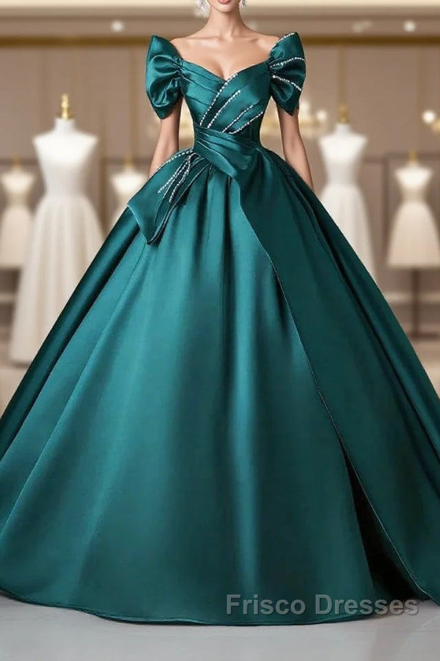 Teal A-Line Off The Shoulder Satin Long Formal Prom Dress, Elegant Evening Dress Main image