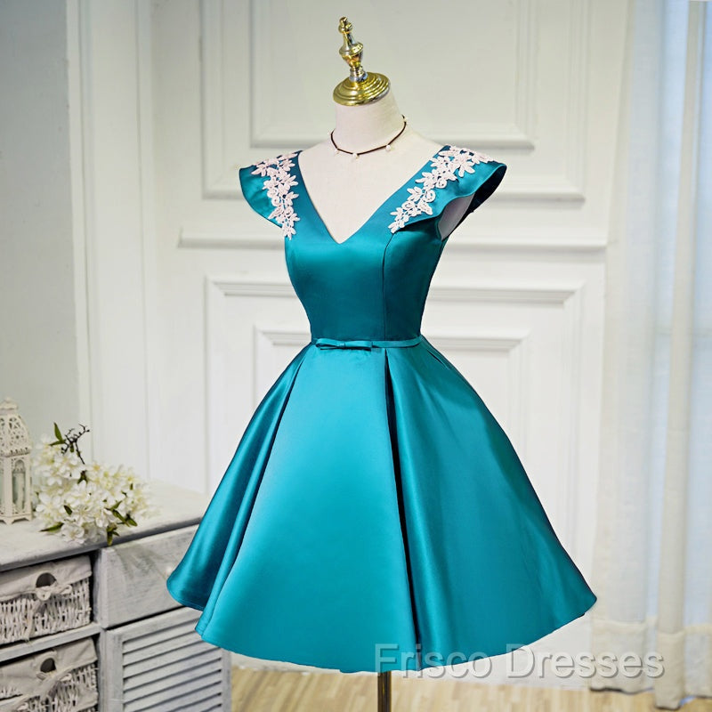 Teal Blue Satin Short Party Dress With White Lace, Blue Homecoming Dress Formal Prom Dress Secondary image