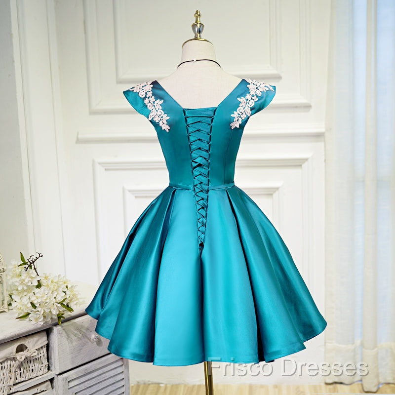 Teal Blue Satin Short Party Dress With White Lace, Blue Homecoming Dress Formal Prom Dress