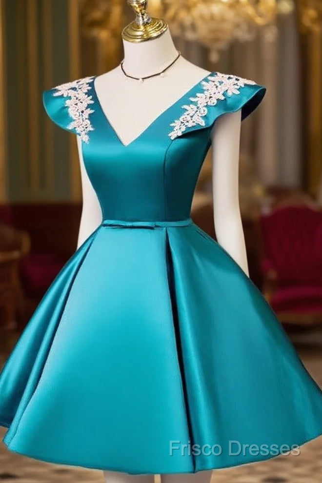 Teal Blue Satin Short Party Dress With White Lace, Blue Homecoming Dress Formal Prom Dress Main image