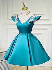 Teal Blue Satin Short Party Dress With White Lace, Blue Homecoming Dress Prom Dress
