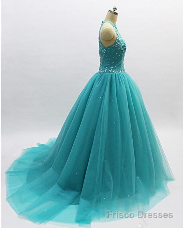 Teal Blue Tulle Beaded Ball Gown High Neckline Sweet 16 Dress, Blue Quinceanera Dresses Secondary image