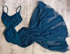 Teal Spaghetti Strap Chiffon Beaded Appliqu Long Prom Dress Evening Dress