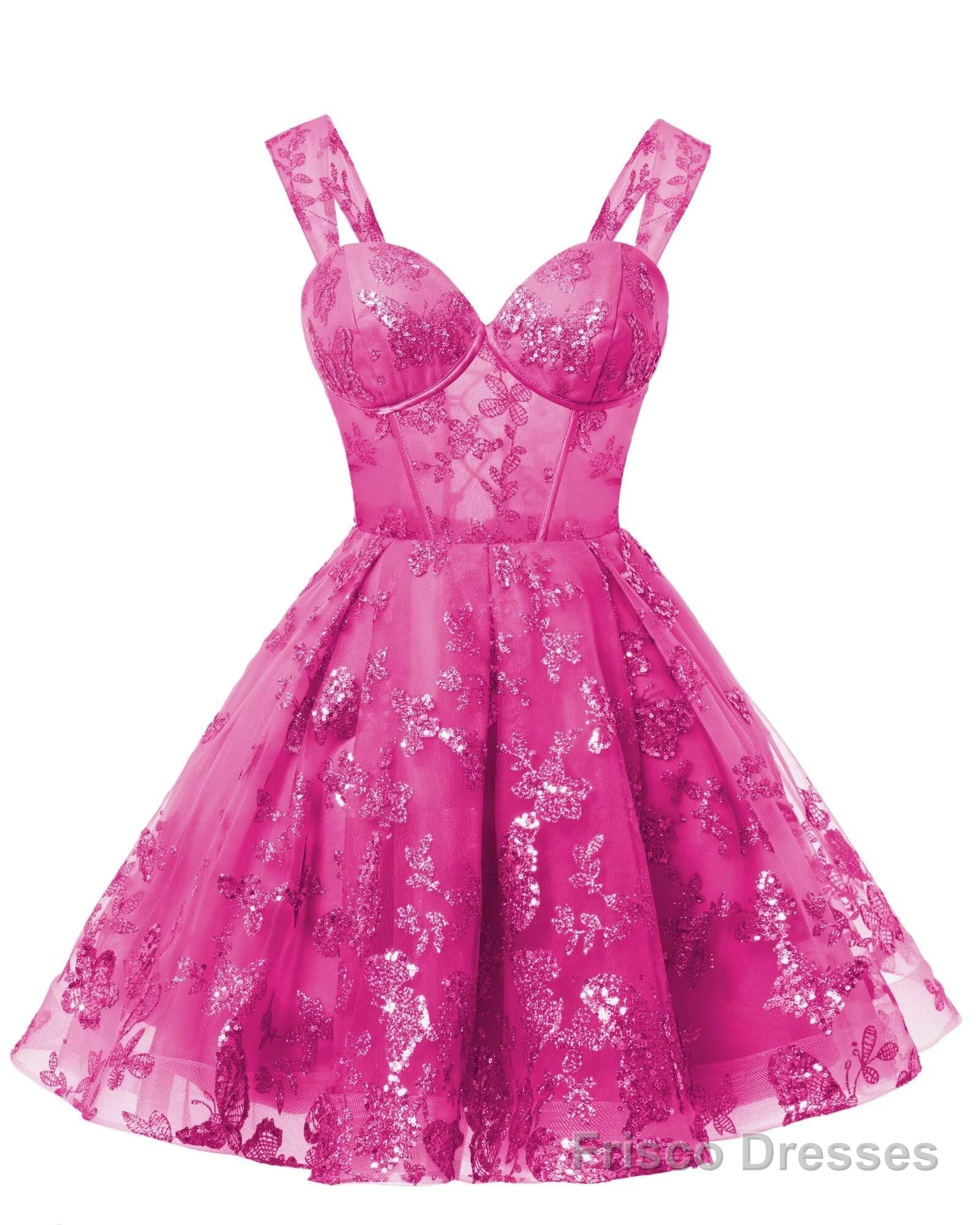 Teens Sparkly Tulle Fuchsia Homecoming Dresses Spaghetti Straps Short Cocktail Party Prom Dress Main image