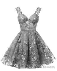 Teens Sparkly Tulle Gray Homecoming Dresses Spaghetti Straps Short Cocktail Party Prom Dress