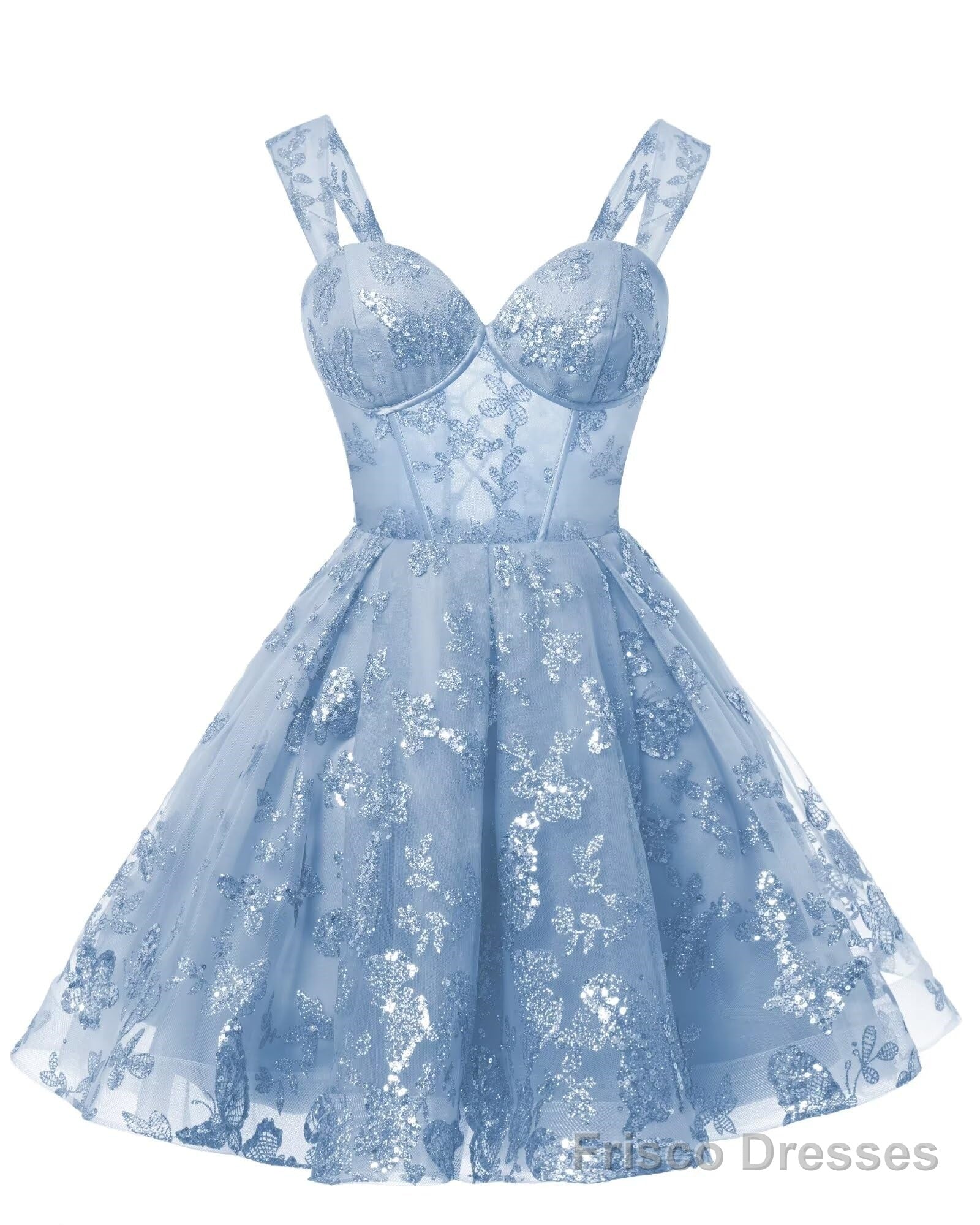 Teens Sparkly Tulle Light Blue Homecoming Dresses Spaghetti Straps Short Cocktail Party Prom Dress