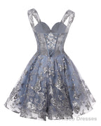 Teens Sparkly Tulle Dusty Blue Homecoming Dresses Spaghetti Straps Short Cocktail Party Prom Dress