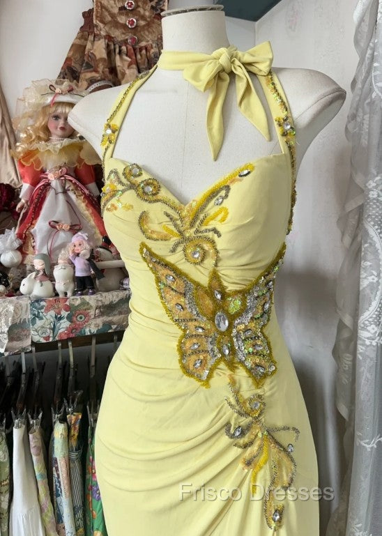 Temperament Yellow Mermaid Halter Neck Sequin Diamond Long Formal Prom Dress Birthday Dress Secondary image