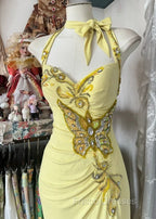 Temperament Yellow Mermaid Halter Neck Sequin Diamond Long Formal Prom Dress Birthday Dress