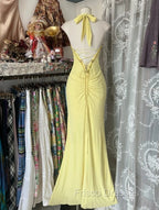 Temperament Yellow Mermaid Halter Neck Sequin Diamond Long Formal Prom Dress Birthday Dress