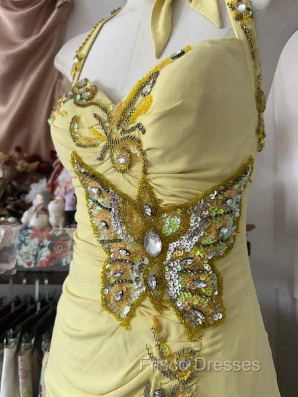 Temperament Yellow Mermaid Halter Neck Sequin Diamond Long Formal Prom Dress Birthday Dress