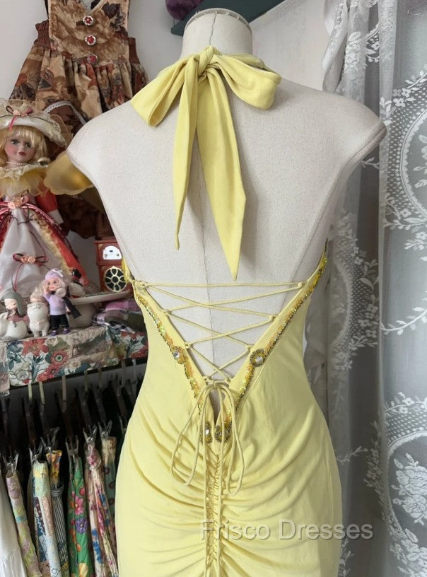 Temperament Yellow Mermaid Halter Neck Sequin Diamond Long Formal Prom Dress Birthday Dress
