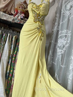 Temperament Yellow Mermaid Halter Neck Sequin Diamond Long Formal Prom Dress Birthday Dress