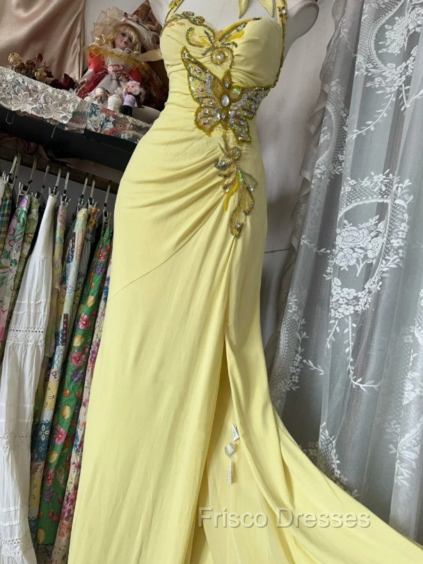 Temperament Yellow Mermaid Halter Neck Sequin Diamond Long Formal Prom Dress Birthday Dress