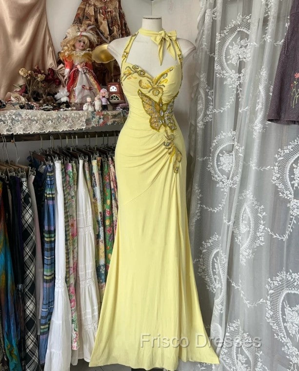 Temperament Yellow Mermaid Halter Neck Sequin Diamond Long Formal Prom Dress Birthday Dress