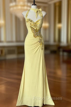 Temperament Yellow Mermaid Halter Neck Sequin Diamond Long Formal Prom Dress Birthday Dress