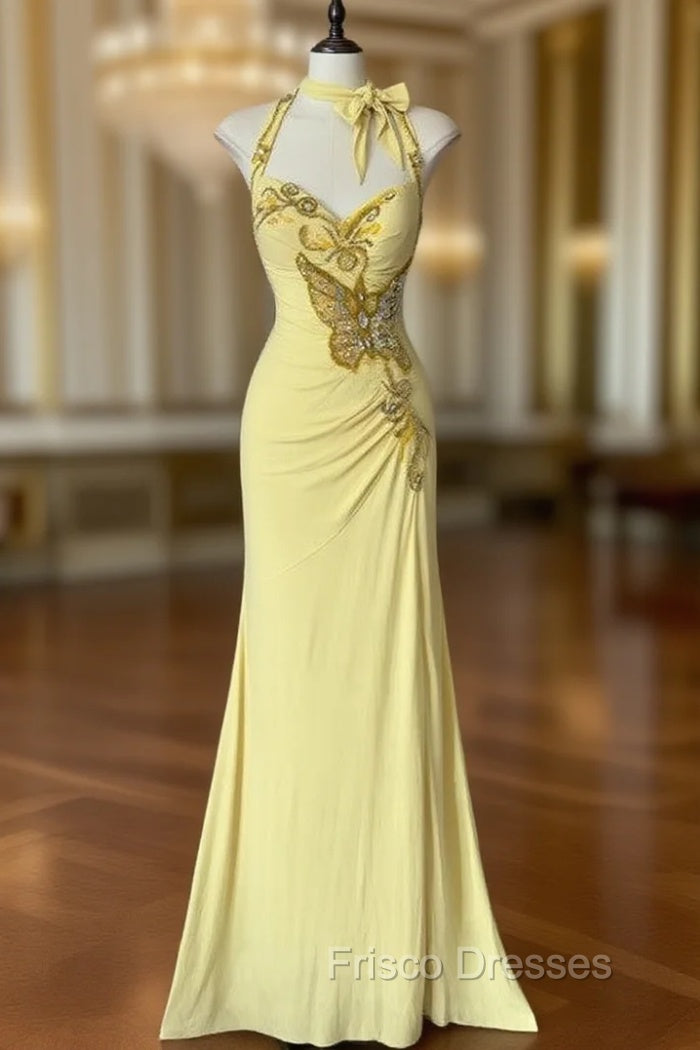 Temperament Yellow Mermaid Halter Neck Sequin Diamond Long Formal Prom Dress Birthday Dress