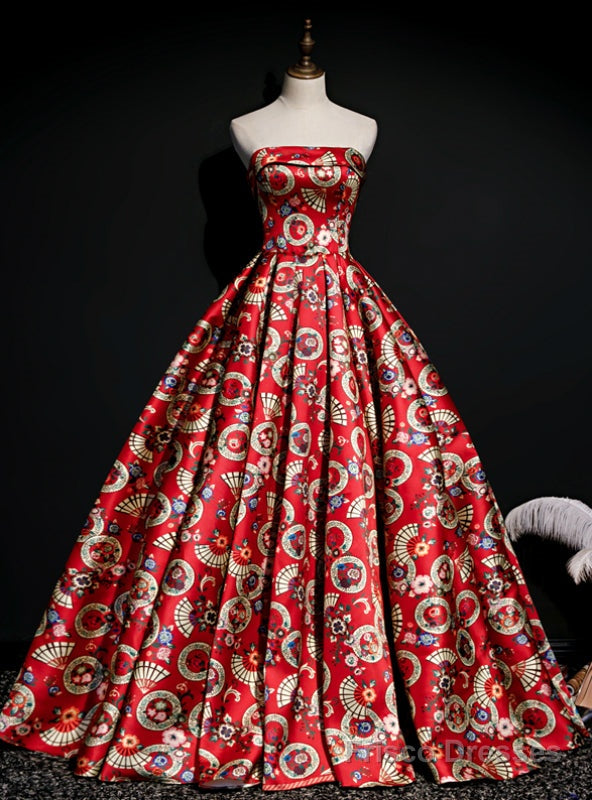 The Best Red Ball Gown Satin Strapless Print Pleats Quinceanera Dress With Train Main image