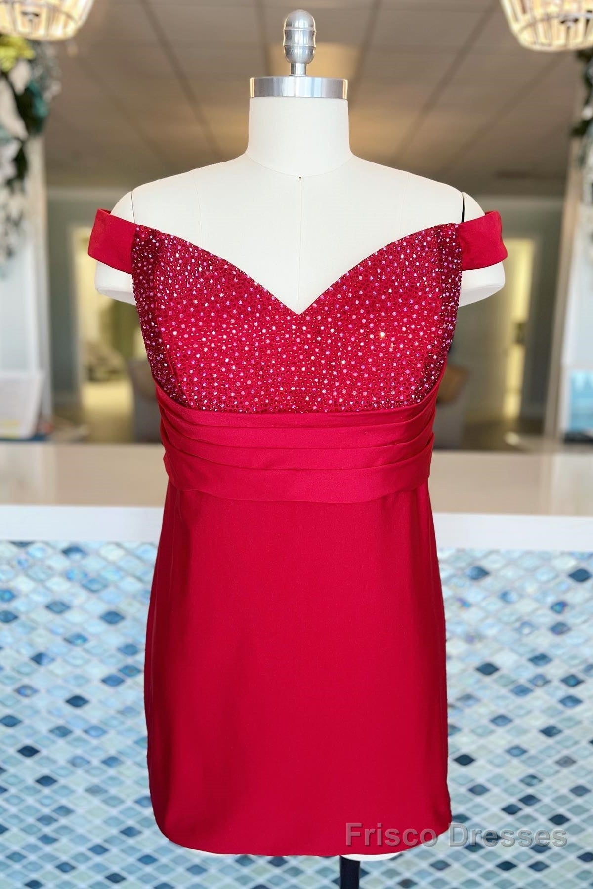 Red Beaded Off-the-Shoulder Sheath Satin Homecoming Dress Main image