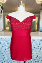 Red Beaded Off-the-Shoulder Sheath Satin Homecoming Dress