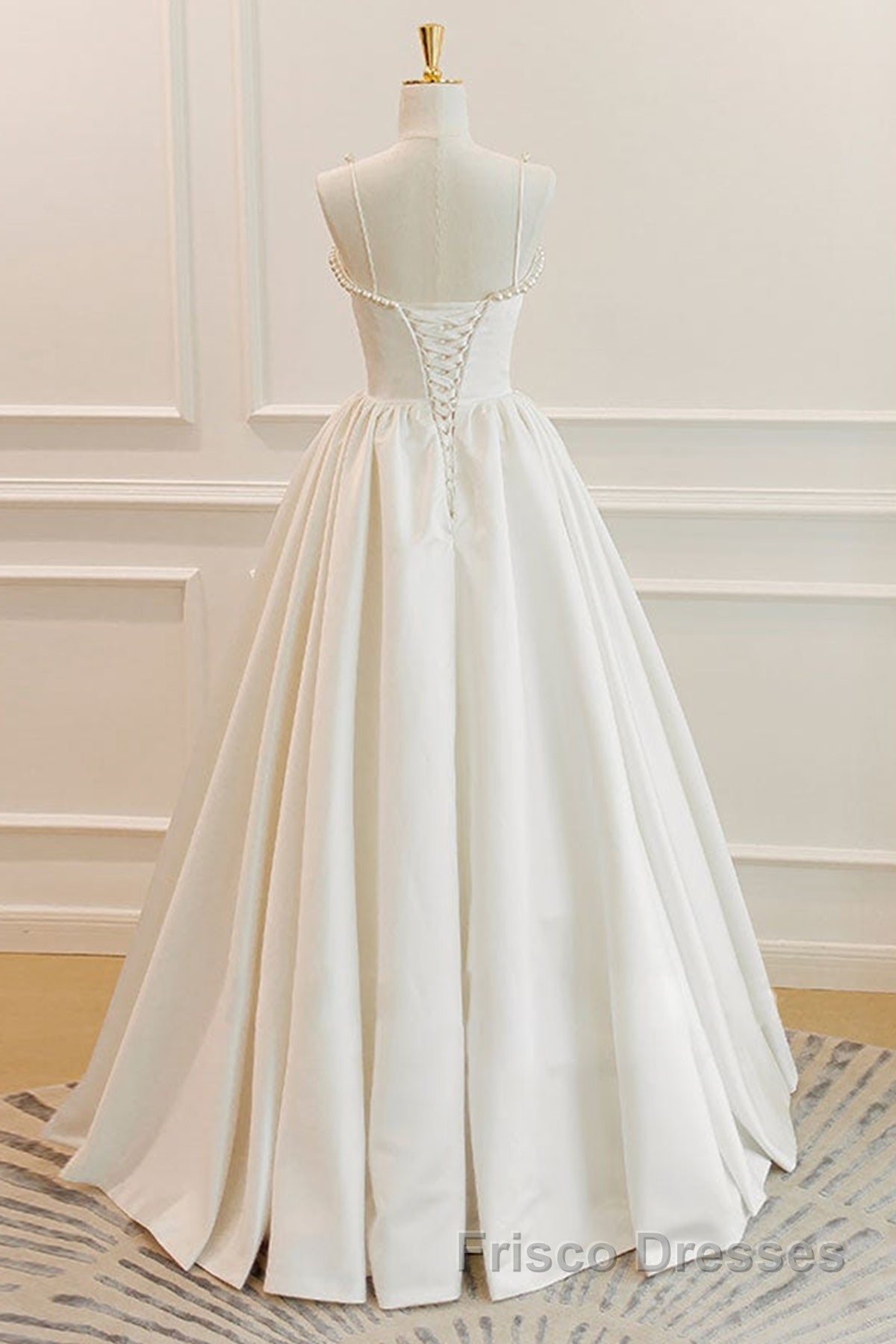 Thin Straps Open Back Ivory Satin Long Formal Prom Dresses with Pearls, Long Ivory Formal Graduation Evening Dresses
