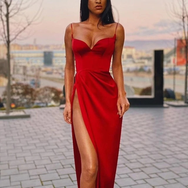 Thin Straps Simple Prom Gowns With Leg Slit Side