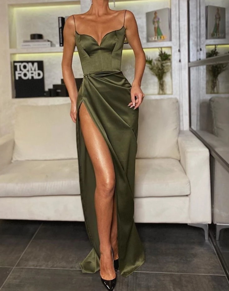 Thin Straps Simple Prom Gowns With Leg Slit Side Main image