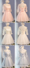 Three-Quarter Illusion Sleeve  Clairvoyant Outfit Lace Up Back For Teen Organza Appliques Homecoming Dress