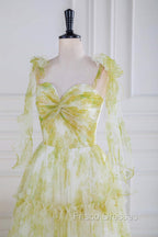 Tie Straps Yellow Floral Print Ruffles Tulle Long Formal Prom Dress