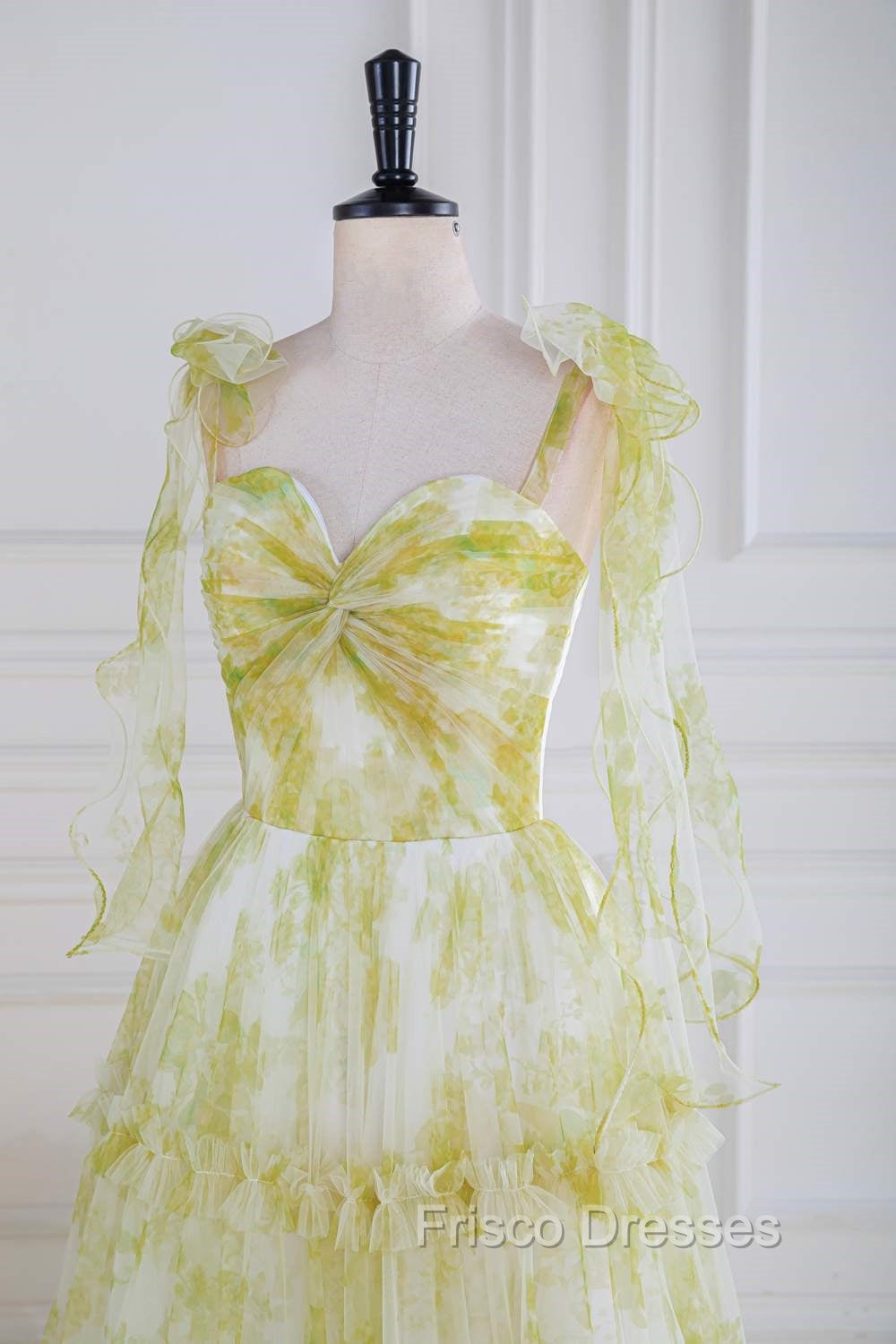 Tie Straps Yellow Floral Print Ruffles Tulle Long Formal Prom Dress