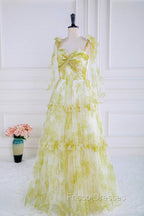 Tie Straps Yellow Floral Print Ruffles Tulle Long Formal Prom Dress