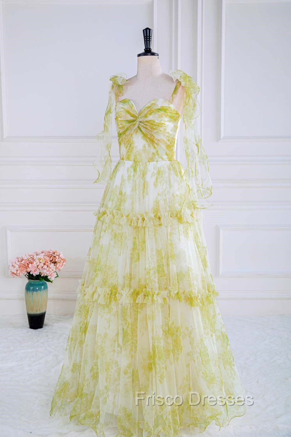 Tie Straps Yellow Floral Print Ruffles Tulle Long Formal Prom Dress
