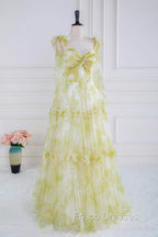 Tie Straps Yellow Floral Print Ruffles Tulle Long Formal Prom Dress