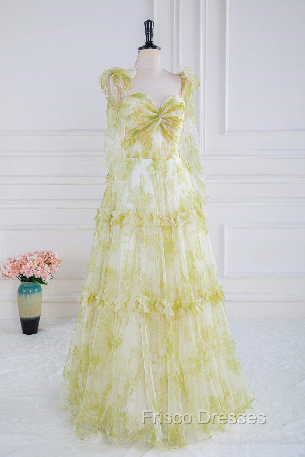 Tie Straps Yellow Floral Print Ruffles Tulle Long Formal Prom Dress