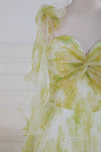 Tie Straps Yellow Floral Print Ruffles Tulle Long Formal Prom Dress