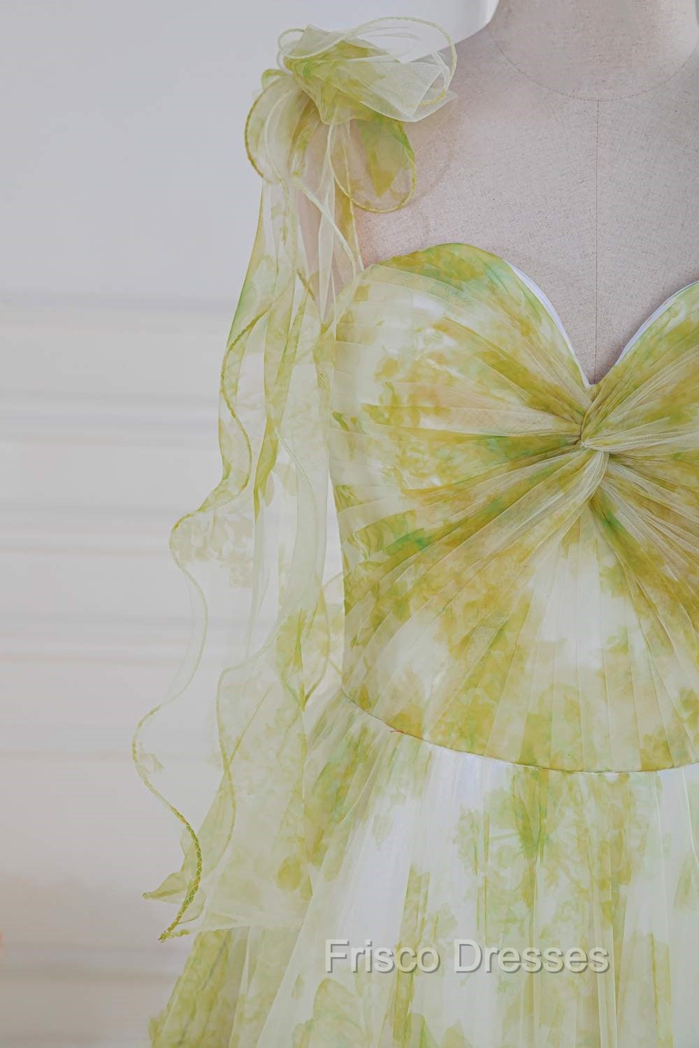 Tie Straps Yellow Floral Print Ruffles Tulle Long Formal Prom Dress