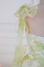 Tie Straps Yellow Floral Print Ruffles Tulle Long Formal Prom Dress