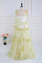 Tie Straps Yellow Floral Print Ruffles Tulle Long Formal Prom Dress