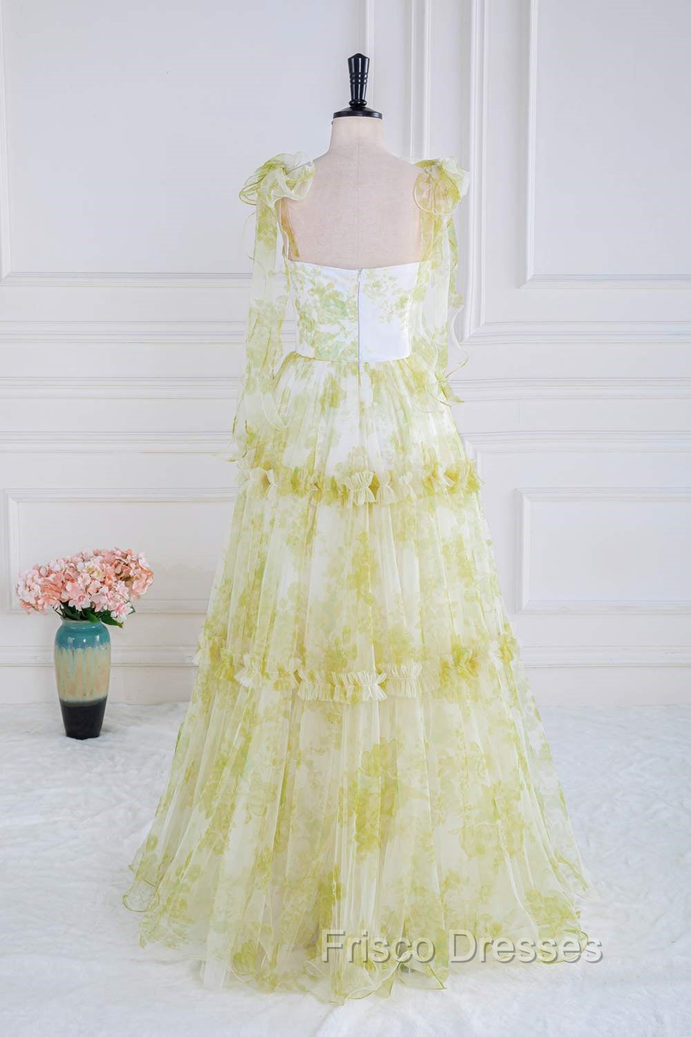 Tie Straps Yellow Floral Print Ruffles Tulle Long Formal Prom Dress