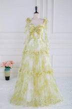 Tie Straps Yellow Floral Print Ruffles Tulle Long Formal Prom Dress