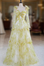 Tie Straps Yellow Floral Print Ruffles Tulle Long Formal Prom Dress