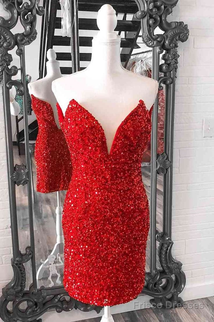 Tight Red Sequins Prom Dress Strapless V Neck Short Homecoming Dress Main image